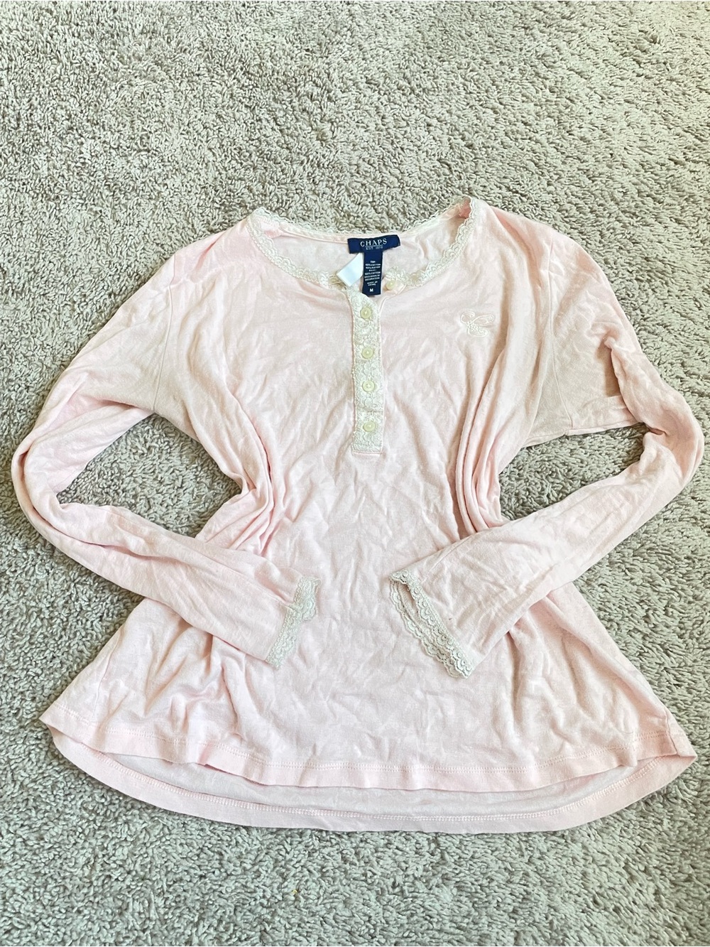 Chaps Pale Pink Lace-Trim Henley Long-Sleeve Top